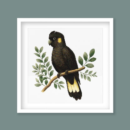 Yellow-Tailed Black Cockatoo Cross Stitch Pattern displayed in a sage green frame, styled as Australian wildlife wall art with native foliage.