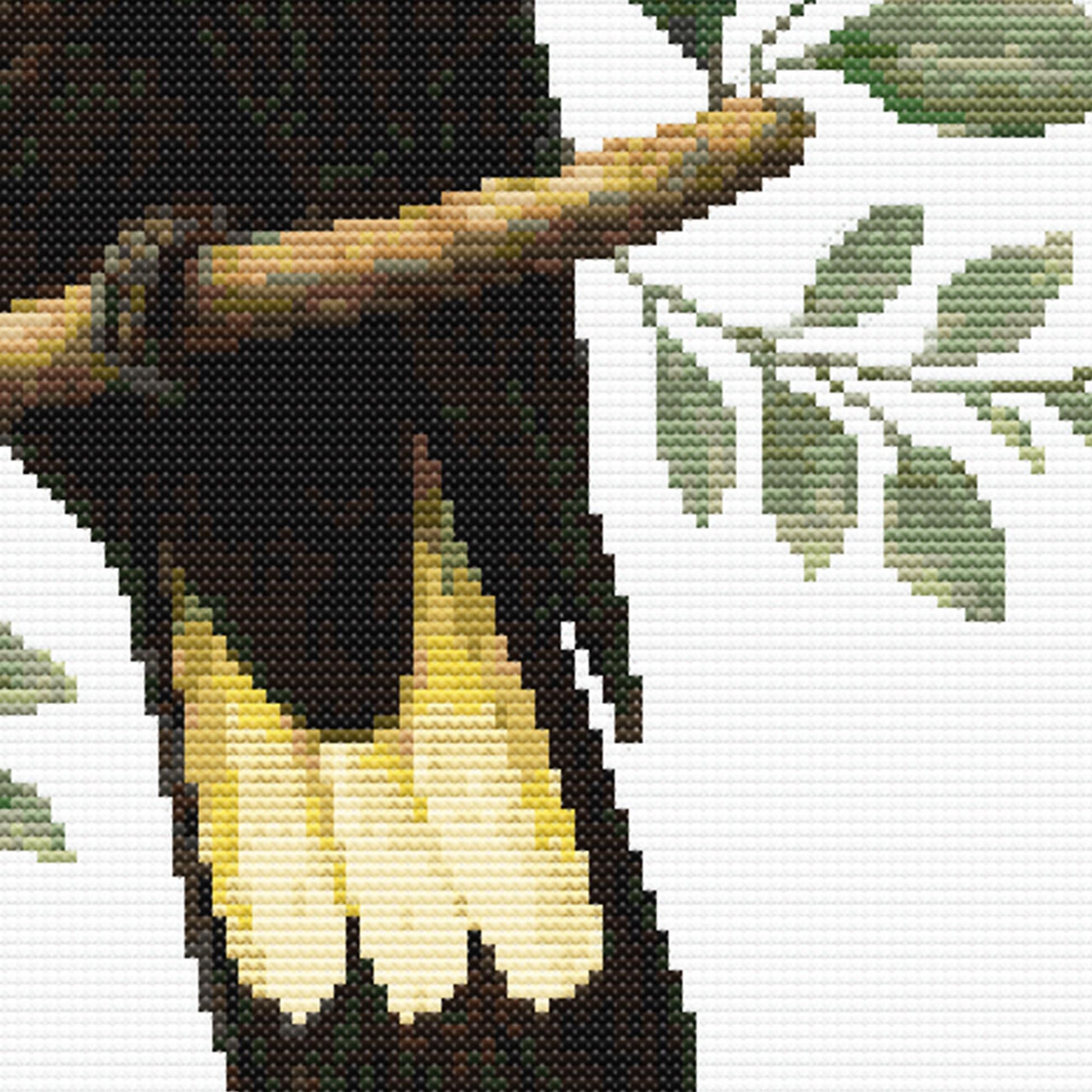 Yellow-Tailed Black Cockatoo Cross Stitch Pattern detail showcasing the striking yellow tail feathers and native branch with botanical elements.