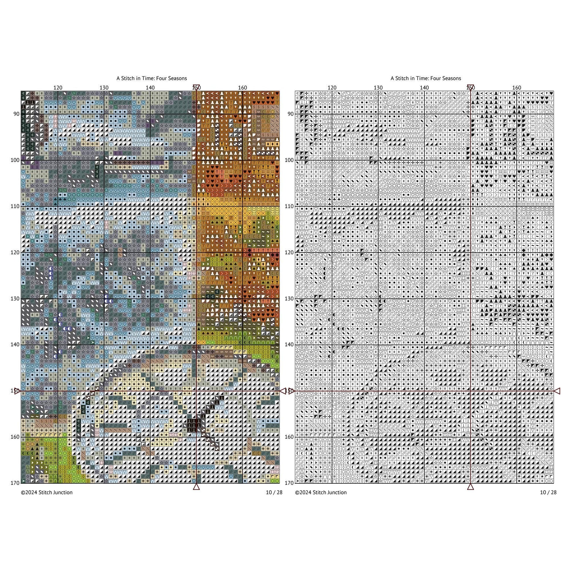 A Stitch in Time Cross Stitch Pattern digital download chart preview with colour symbols and black-and-white symbol chart for printable counted cross stitch.