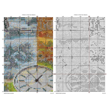 A Stitch in Time Cross Stitch Pattern digital download chart preview with colour symbols and black-and-white symbol chart for printable counted cross stitch.