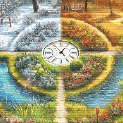 Close-up of A Stitch in Time Cross Stitch Pattern showing a clock-like garden path design, seasonal colour changes, and detailed landscape stitching.