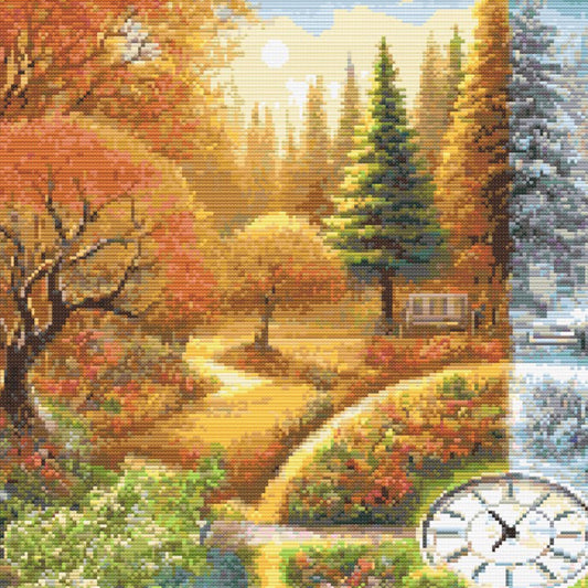 Cross-stitched landscape with trees, a house, and a clock in the corner in autumn. With yellowing trees and a tall evergreen tree.