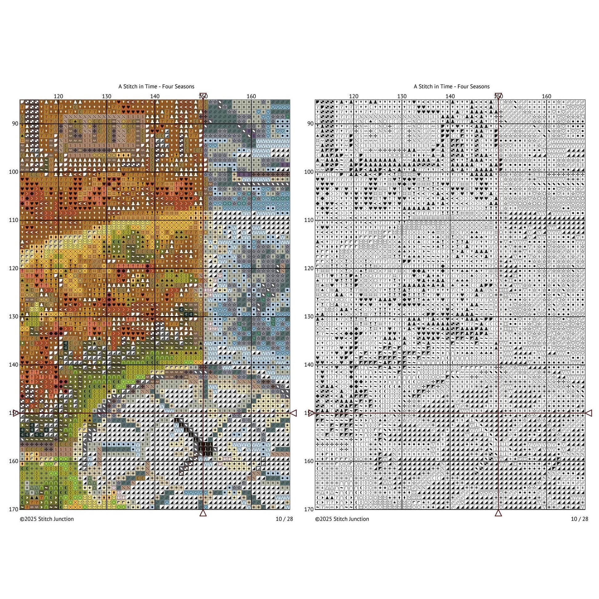 Two cross-stitch pattern charts for 'A Stitch in Time - Four Seasons' on a white background.