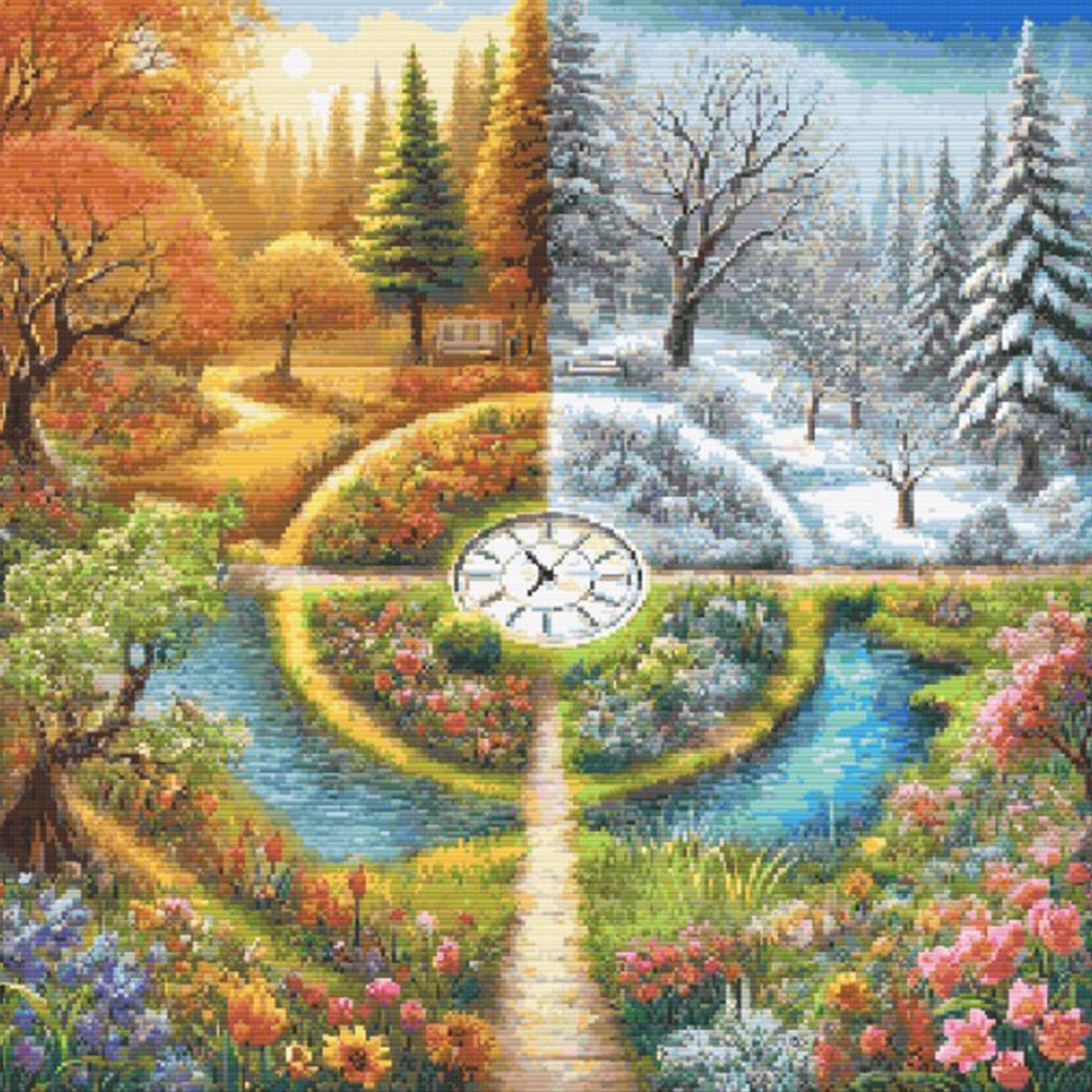 Clock divided into four seasons with corresponding landscapes.