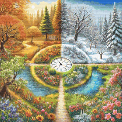 Clock divided into four seasons with corresponding landscapes.