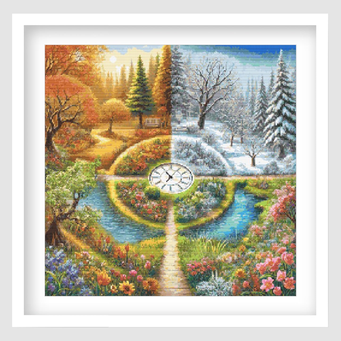 Four-seasons garden scene with a clock in the center, surrounded by trees and flowers.