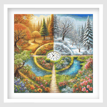 Four-seasons garden scene with a clock in the center, surrounded by trees and flowers.