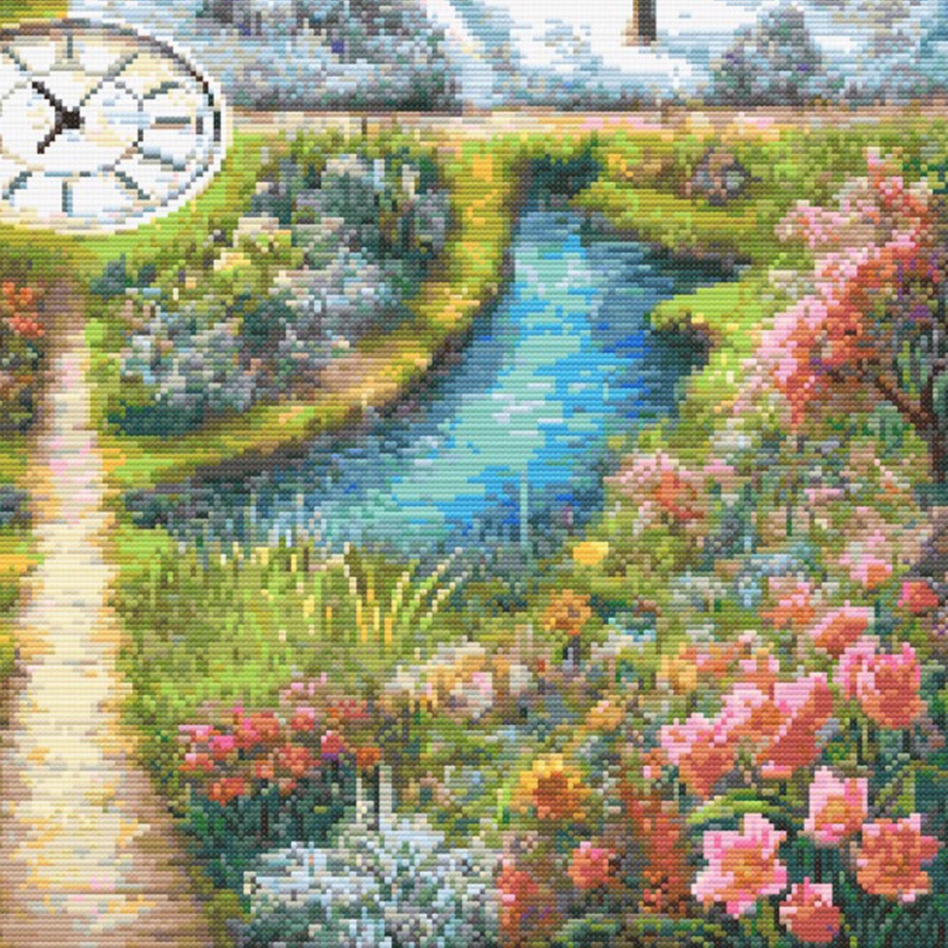 Garden scene with flowers, a clock, and a path, in the spring times flowers are blooming.
