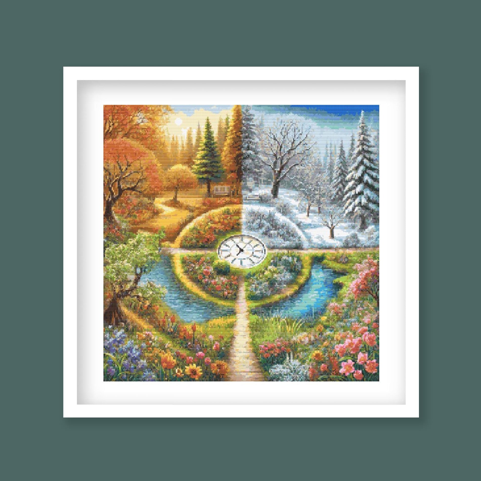 Framed artwork of a clock with landscape design displaying all four seasons.