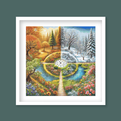 Framed artwork of a clock with landscape design displaying all four seasons.