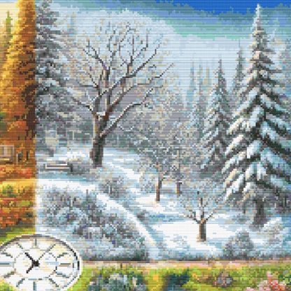 A Stitch in Time Cross Stitch Pattern - Seasonal Garden Landscape, snow is on the ground white snow covered trees doinate the scene.