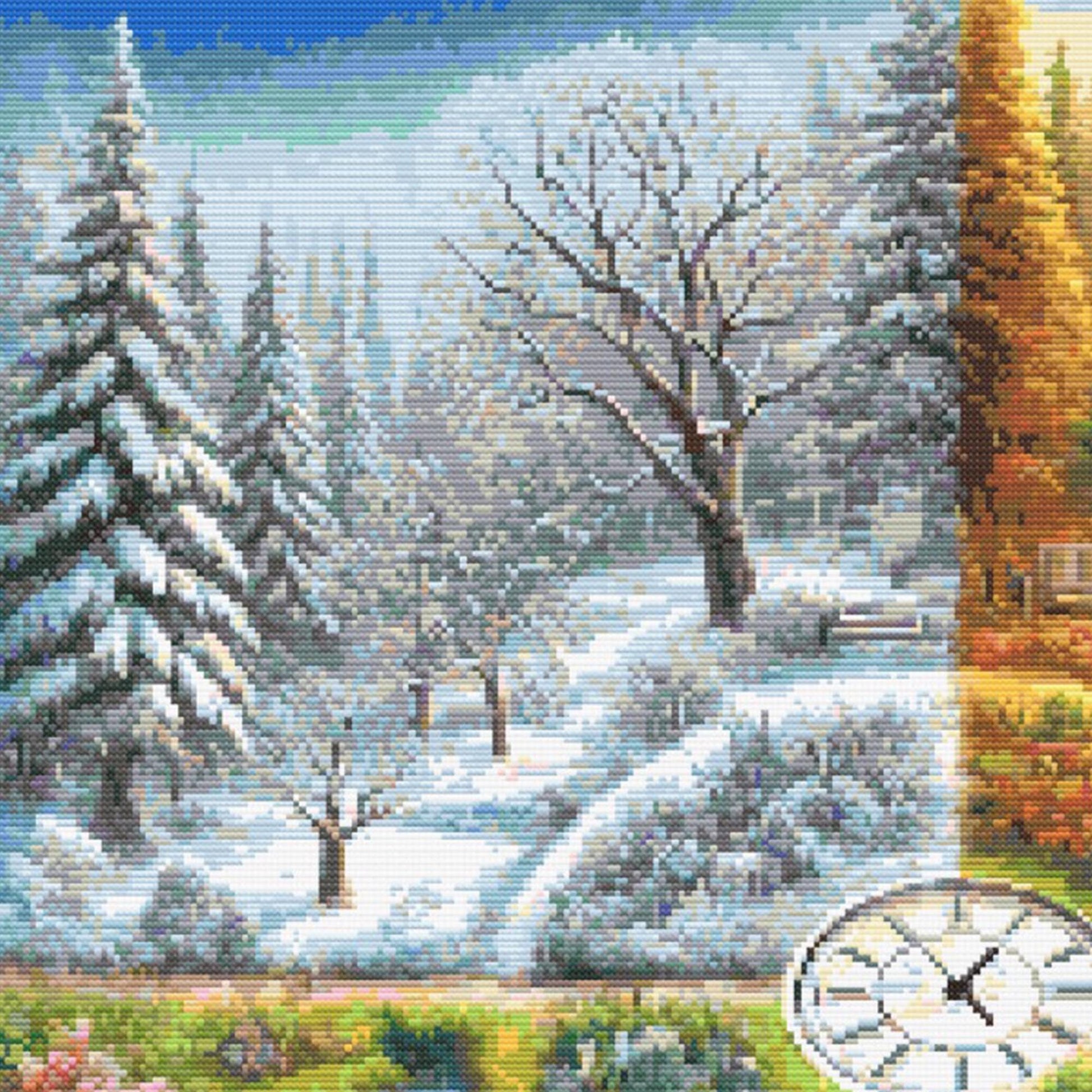 Close-up of A Stitch in Time Cross Stitch Pattern showing winter trees, snow-covered paths, cool blue tones, and visible counted cross stitch texture.