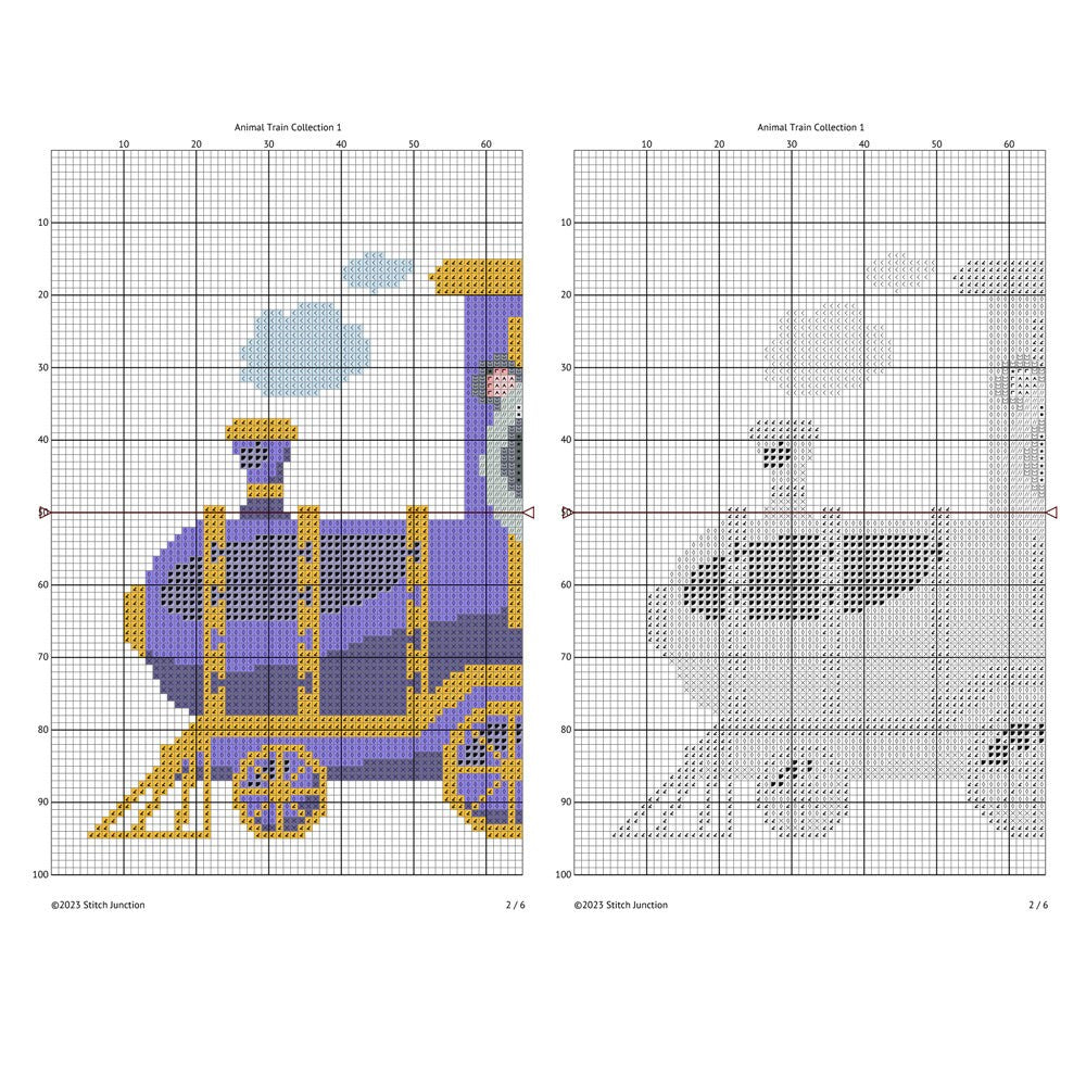 Animal Train Cross Stitch Pattern Set digital download chart preview with colour symbols and black-and-white symbol chart for printable counted cross stitch.