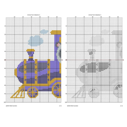 Animal Train Cross Stitch Pattern Set digital download chart preview with colour symbols and black-and-white symbol chart for printable counted cross stitch.