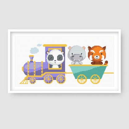 Animal Train Cross Stitch Pattern Set featuring cute nursery animals riding in a colourful train for baby room or kids room wall art.