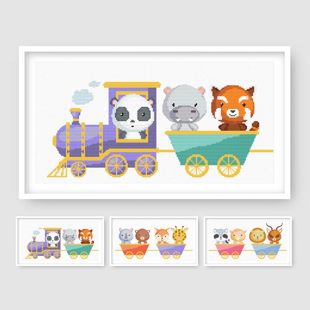 Animal Train Cross Stitch Pattern Set displayed as framed nursery wall art with cute animals riding in a colourful train.