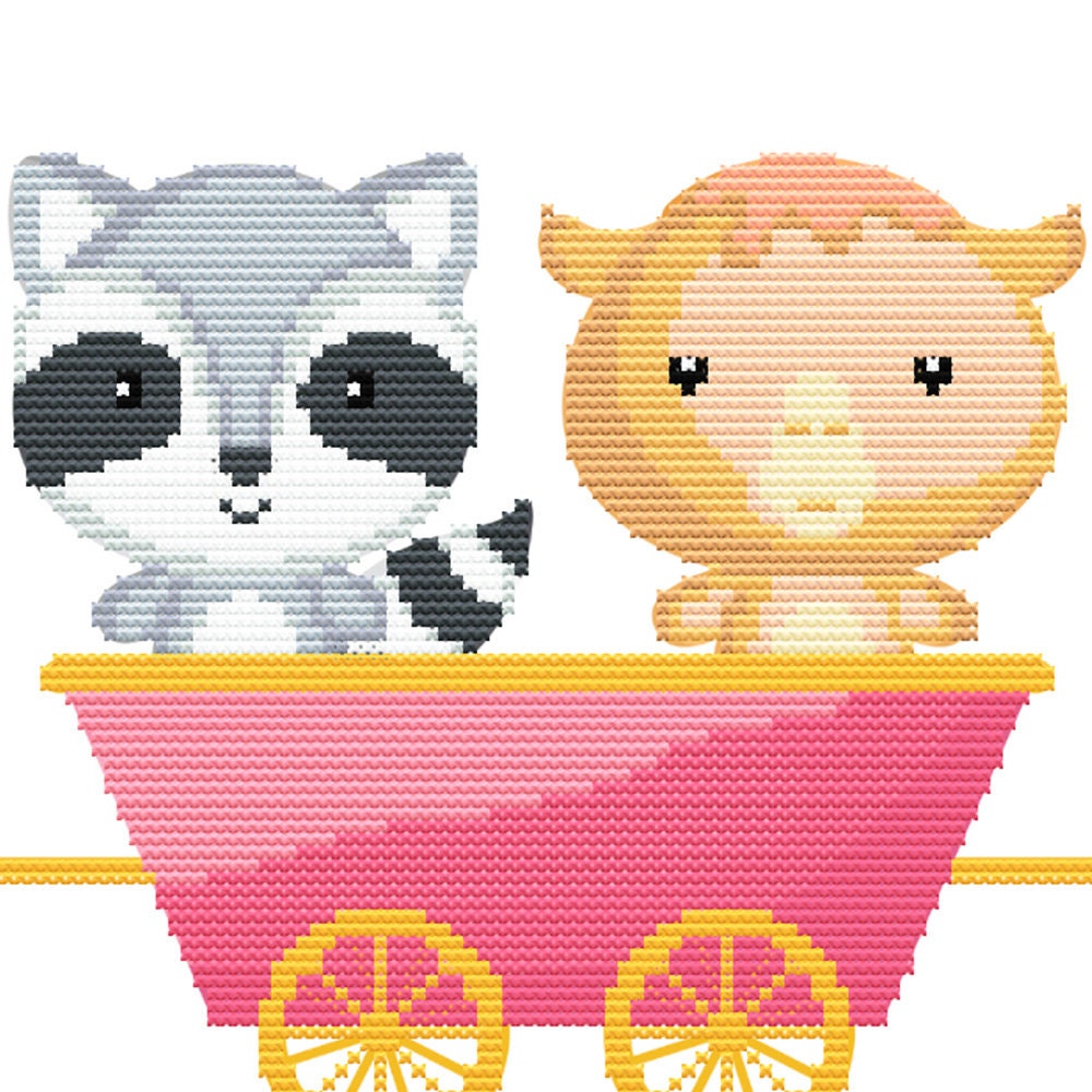Close-up of Animal Train Cross Stitch Pattern Set showing raccoon and lion characters in train carriages with soft nursery colours.