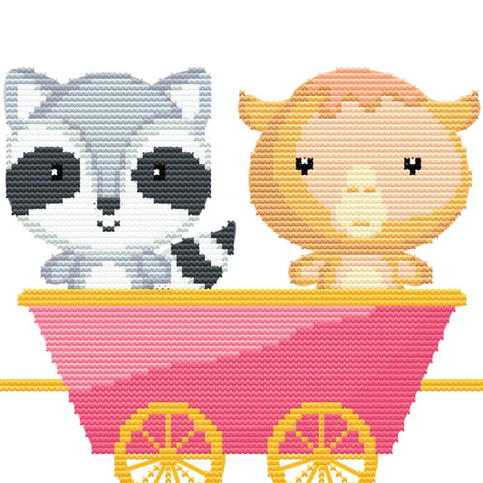 Close-up of Animal Train Cross Stitch Pattern Set showing raccoon and lion characters in train carriages with soft nursery colours.