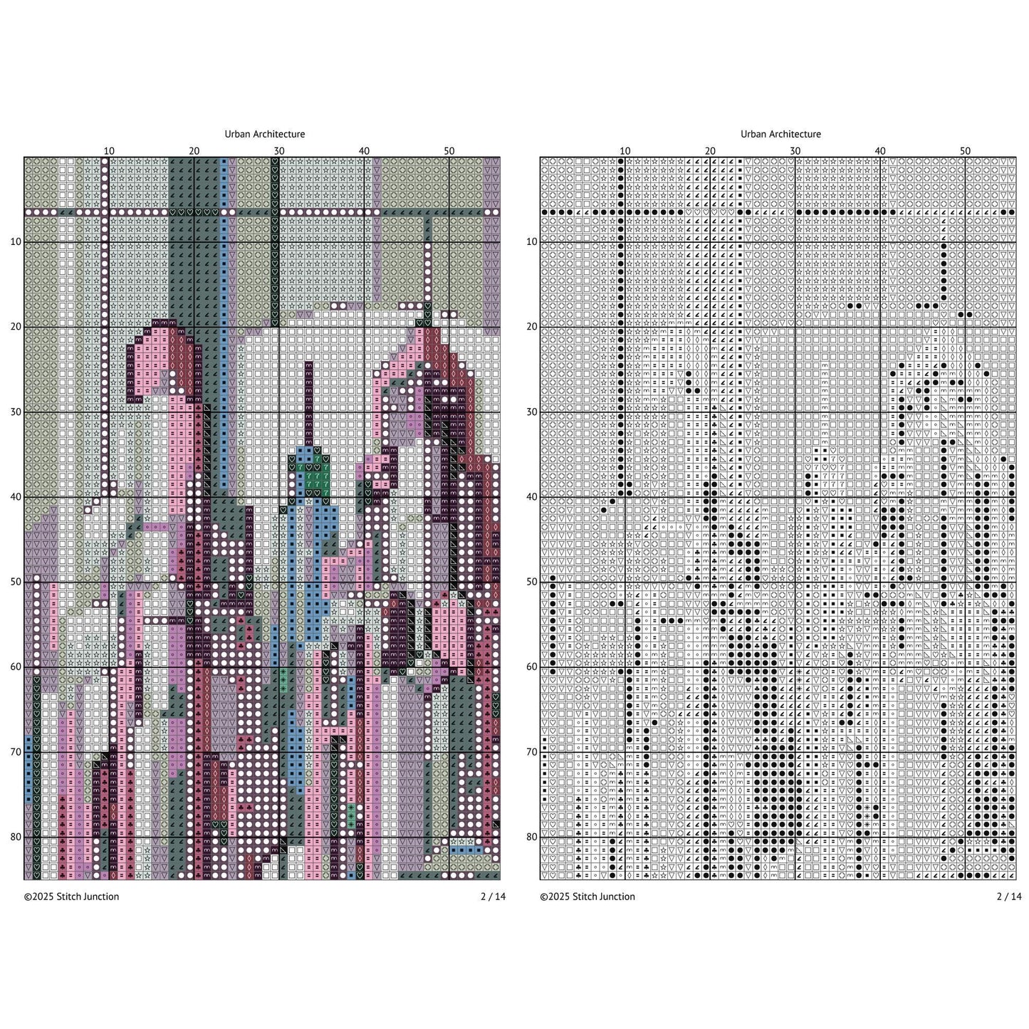 Art Deco City Cross Stitch Pattern digital download chart preview with colour symbols and black-and-white symbol chart for printable counted cross stitch.