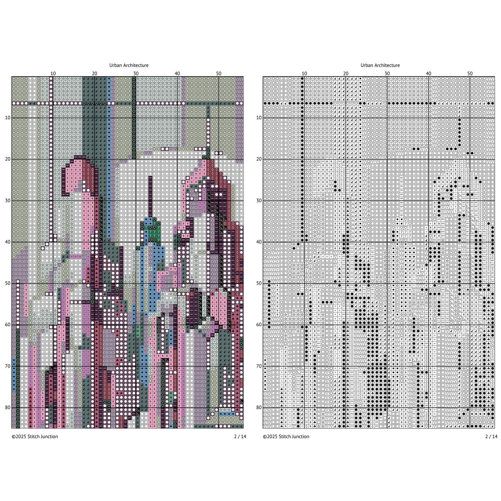 Art Deco City Cross Stitch Pattern digital download chart preview with colour symbols and black-and-white symbol chart for printable counted cross stitch.