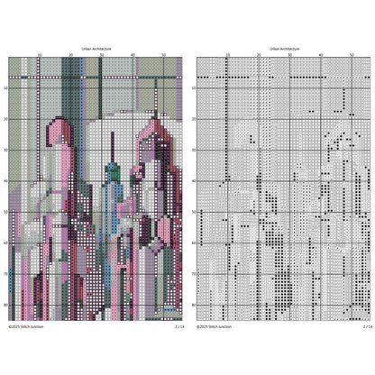 Art Deco City Cross Stitch Pattern digital download chart preview with colour symbols and black-and-white symbol chart for printable counted cross stitch.