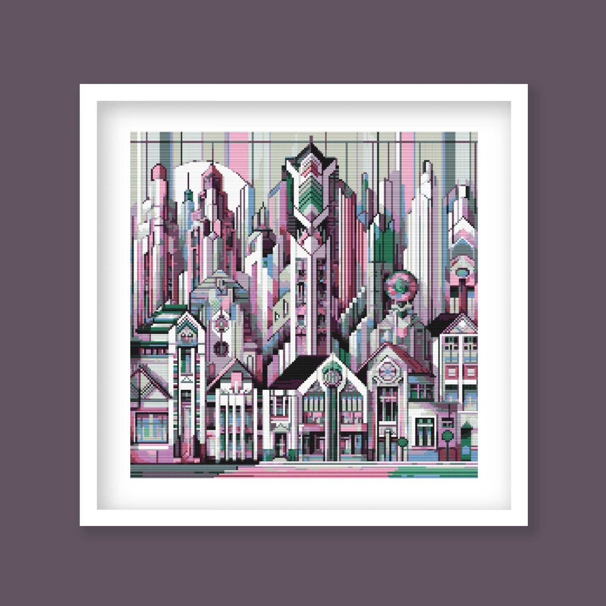 Art Deco City Cross Stitch Pattern displayed in a black frame with a decorative geometric skyline and modern architectural wall art style.