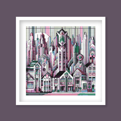 Art Deco City Cross Stitch Pattern displayed in a black frame with a decorative geometric skyline and modern architectural wall art style.