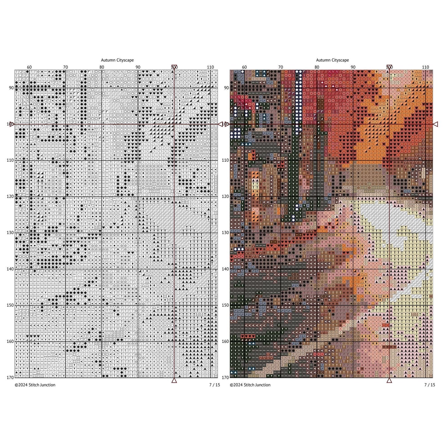 Autumn Cityscape Cross Stitch Pattern digital download chart preview with colour symbols and black-and-white symbol chart for printable counted cross stitch.