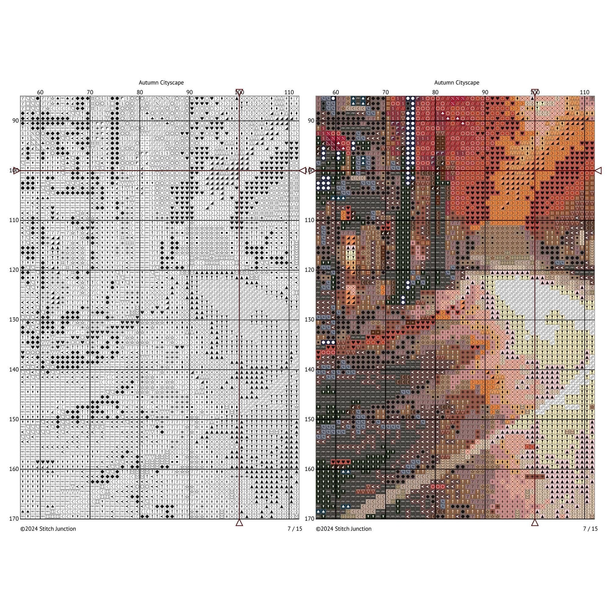 Autumn Cityscape Cross Stitch Pattern digital download chart preview with colour symbols and black-and-white symbol chart for printable counted cross stitch.