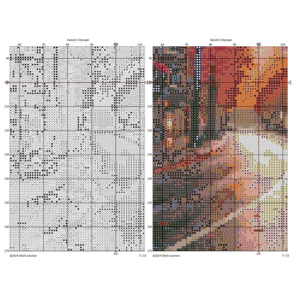 Autumn Cityscape Cross Stitch Pattern digital download chart preview with colour symbols and black-and-white symbol chart for printable counted cross stitch.