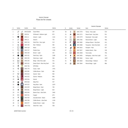 Autumn Cityscape Cross Stitch Pattern digital download thread list showing floss colours and chart details for the printable PDF pattern.