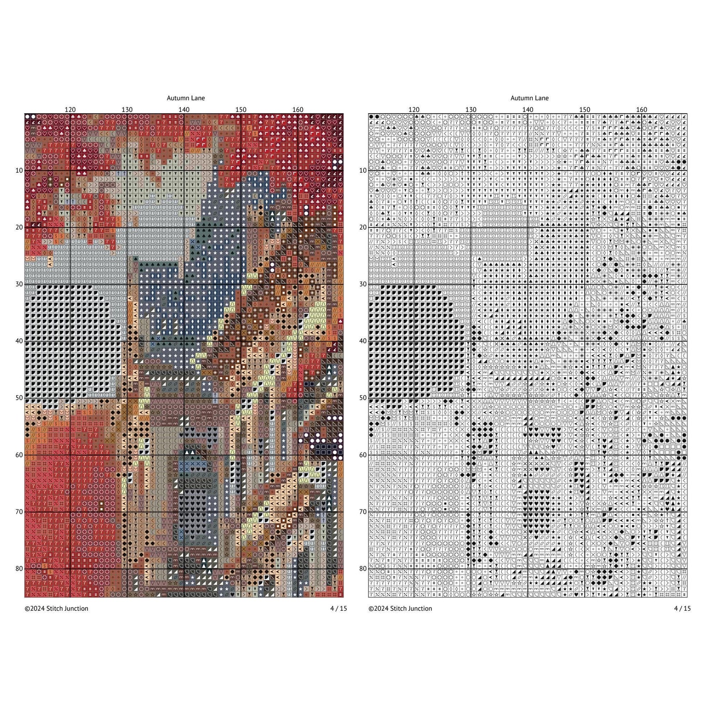 Autumn Cityscape Cross Stitch Pattern digital download chart preview with colour symbols and black-and-white symbol chart for printable counted cross stitch.