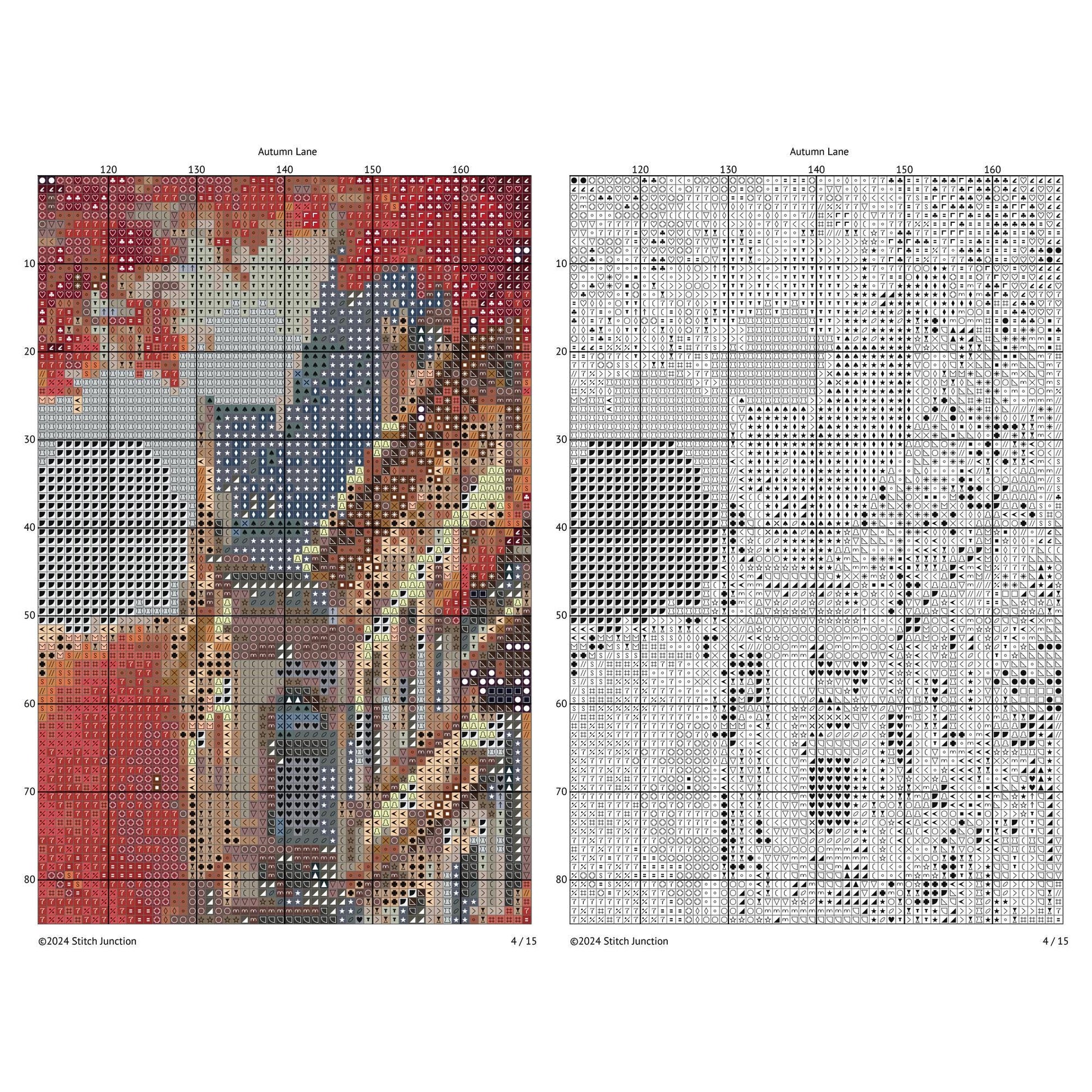 Autumn Cityscape Cross Stitch Pattern digital download chart preview with colour symbols and black-and-white symbol chart for printable counted cross stitch.