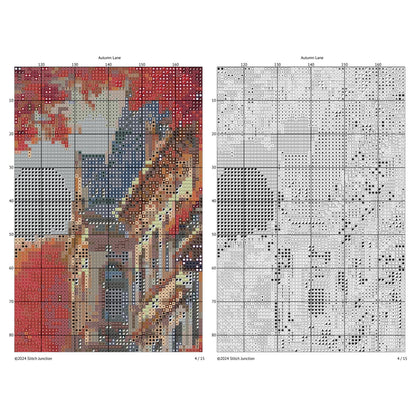Autumn Cityscape Cross Stitch Pattern digital download chart preview with colour symbols and black-and-white symbol chart for printable counted cross stitch.