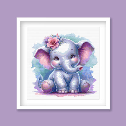 Baby Elephant Cross Stitch Pattern - digital cross stitch pattern by Stitch Junction in a variation mock up  showingthe baby elelphant in a frame.