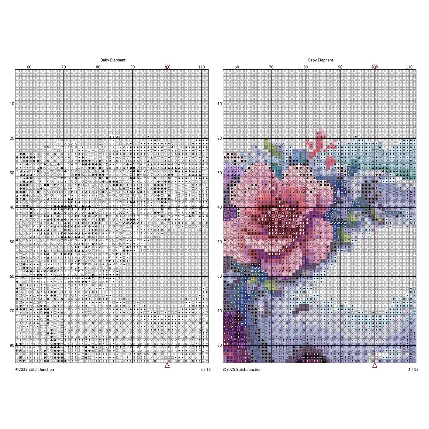 Baby Elephant Cross Stitch Pattern - digital cross stitch pattern by Stitch Junction detailing the grid and symbols  for the cross stitch.