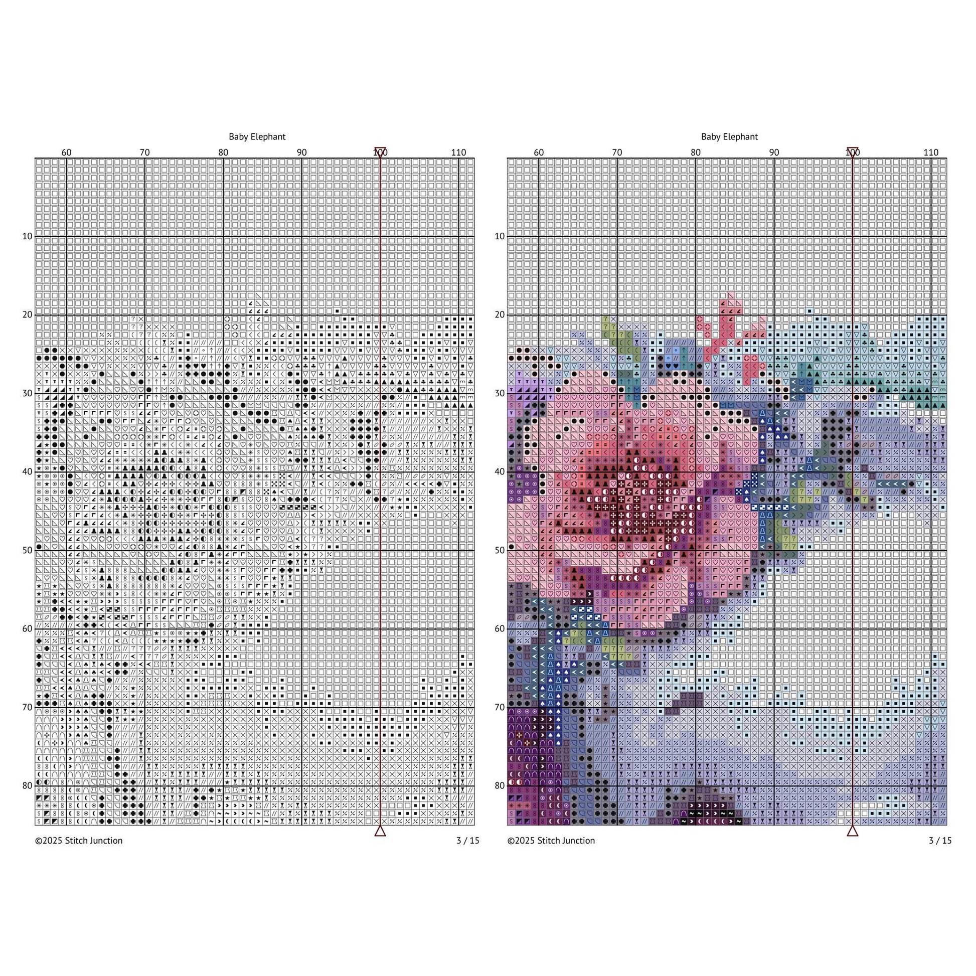 Baby Elephant Cross Stitch Pattern - digital cross stitch pattern by Stitch Junction detailing the grid and symbols  for the cross stitch.