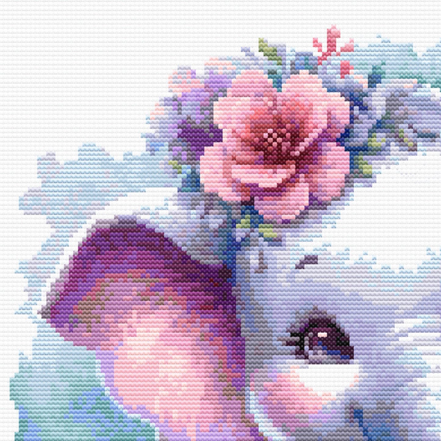 Baby Elephant Cross Stitch Pattern - digital cross stitch pattern by Stitch Junction - Soft floral mushroom cross stitch pattern featuring a pink flower, purple-capped mushroom, and pastel blue watercolor-style background on white fabric.