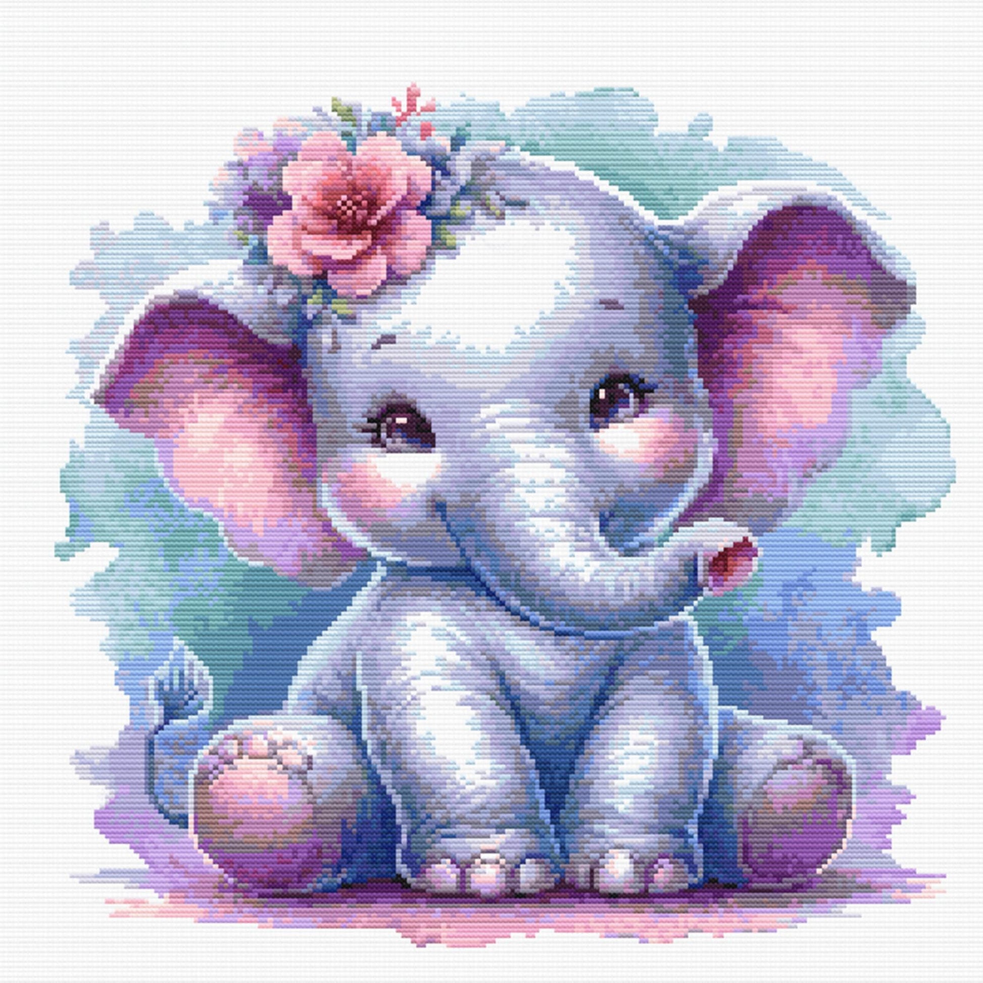 Baby Elephant Cross Stitch Pattern without a frame showing detail of the finished piece.
