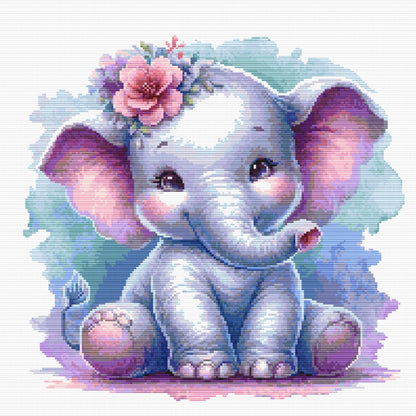 Baby Elephant Cross Stitch Pattern without a frame showing detail of the finished piece.