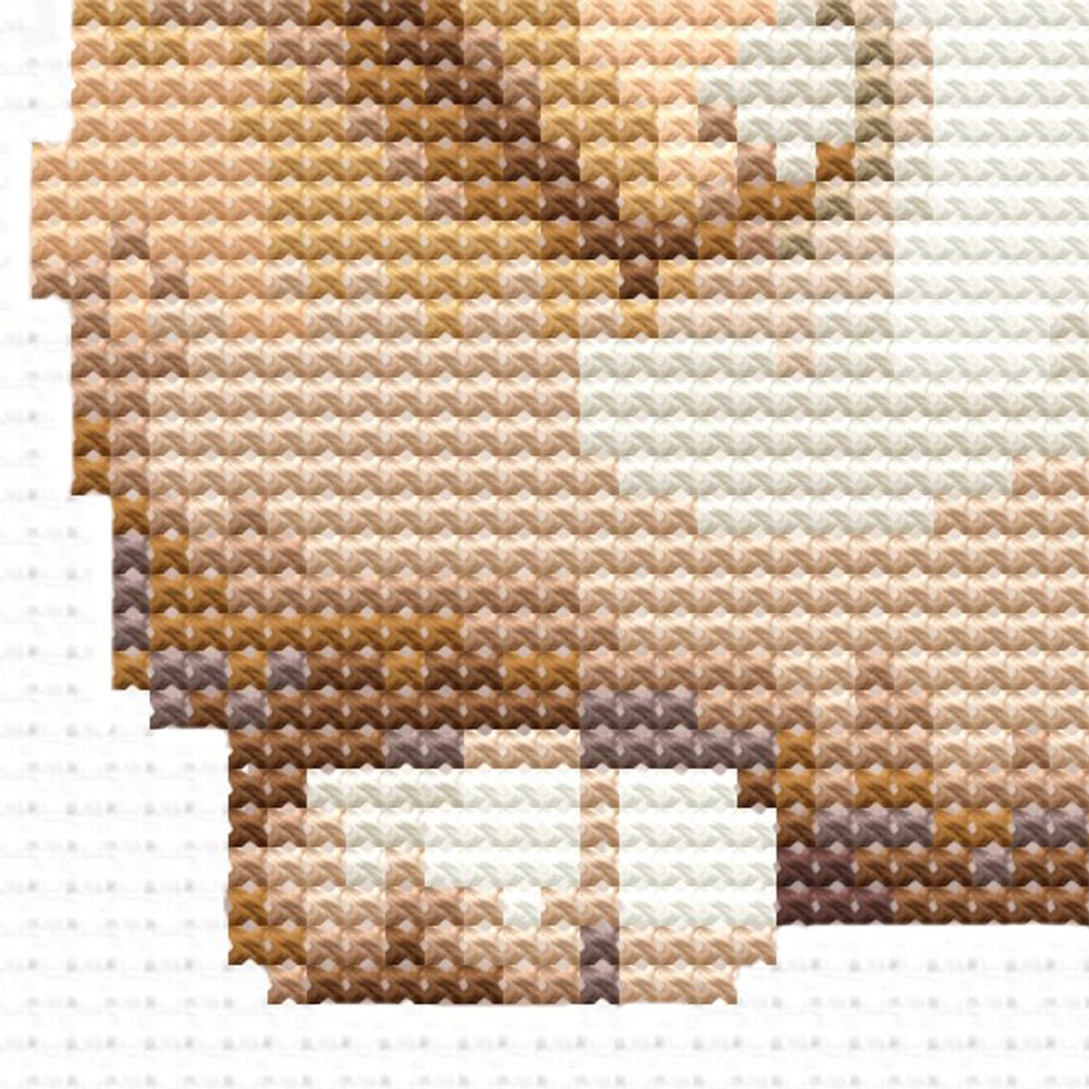 Close-up of Baby Rabbit Cross Stitch Pattern showing the bunny body, soft brown shading, paw detail, and counted cross stitch texture.