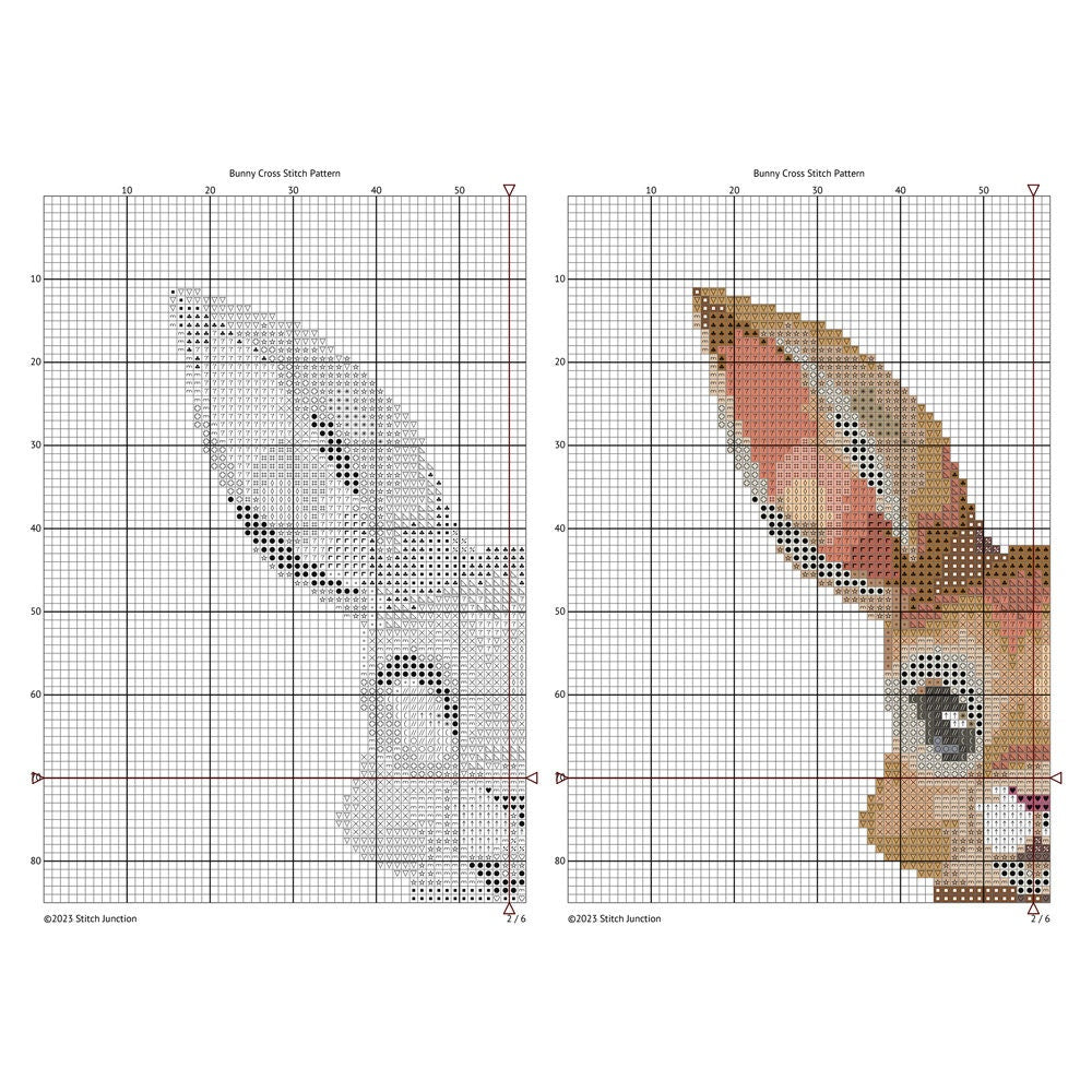 Baby Rabbit Cross Stitch Pattern digital download chart preview with colour symbols and black-and-white symbol chart for printable counted cross stitch.