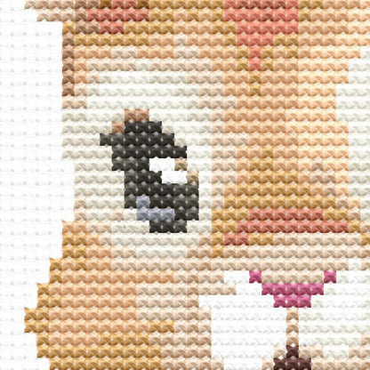 Close-up of Baby Rabbit Cross Stitch Pattern showing the bunny face, soft fur detail, long ears, and visible counted cross stitch texture.