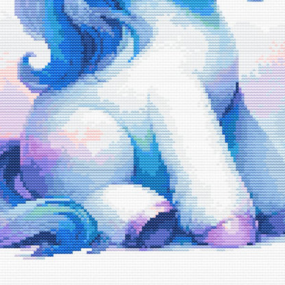 Close-up of Baby Unicorn Cross Stitch Pattern showing the unicorn body, pastel blue and purple detail, and soft magical styling.