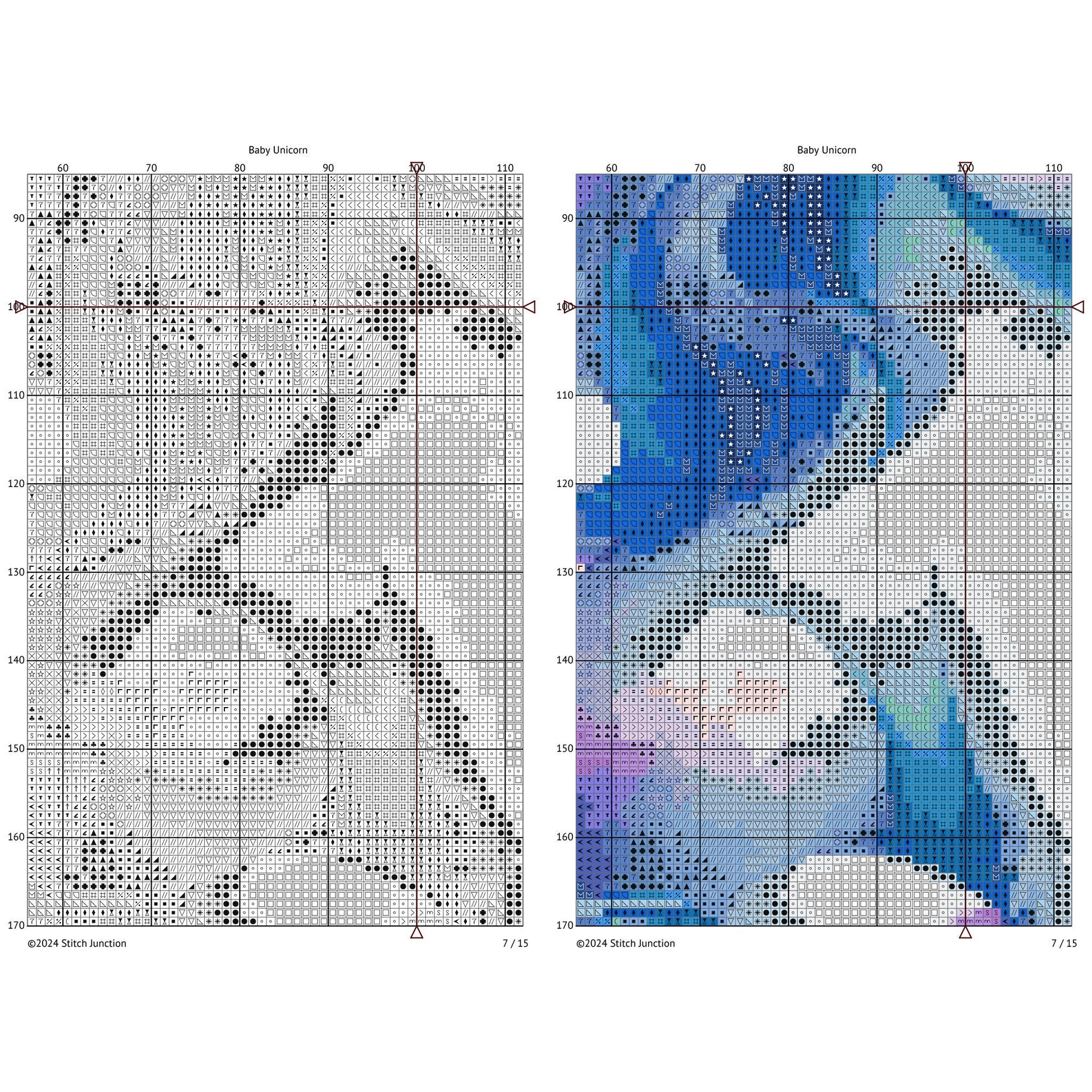 Baby Unicorn Cross Stitch Pattern digital download chart preview with colour symbols and black-and-white symbol chart for printable counted cross stitch.