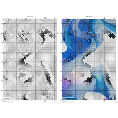 Baby Unicorn Cross Stitch Pattern digital download chart preview with colour symbols and black-and-white symbol chart for printable counted cross stitch.