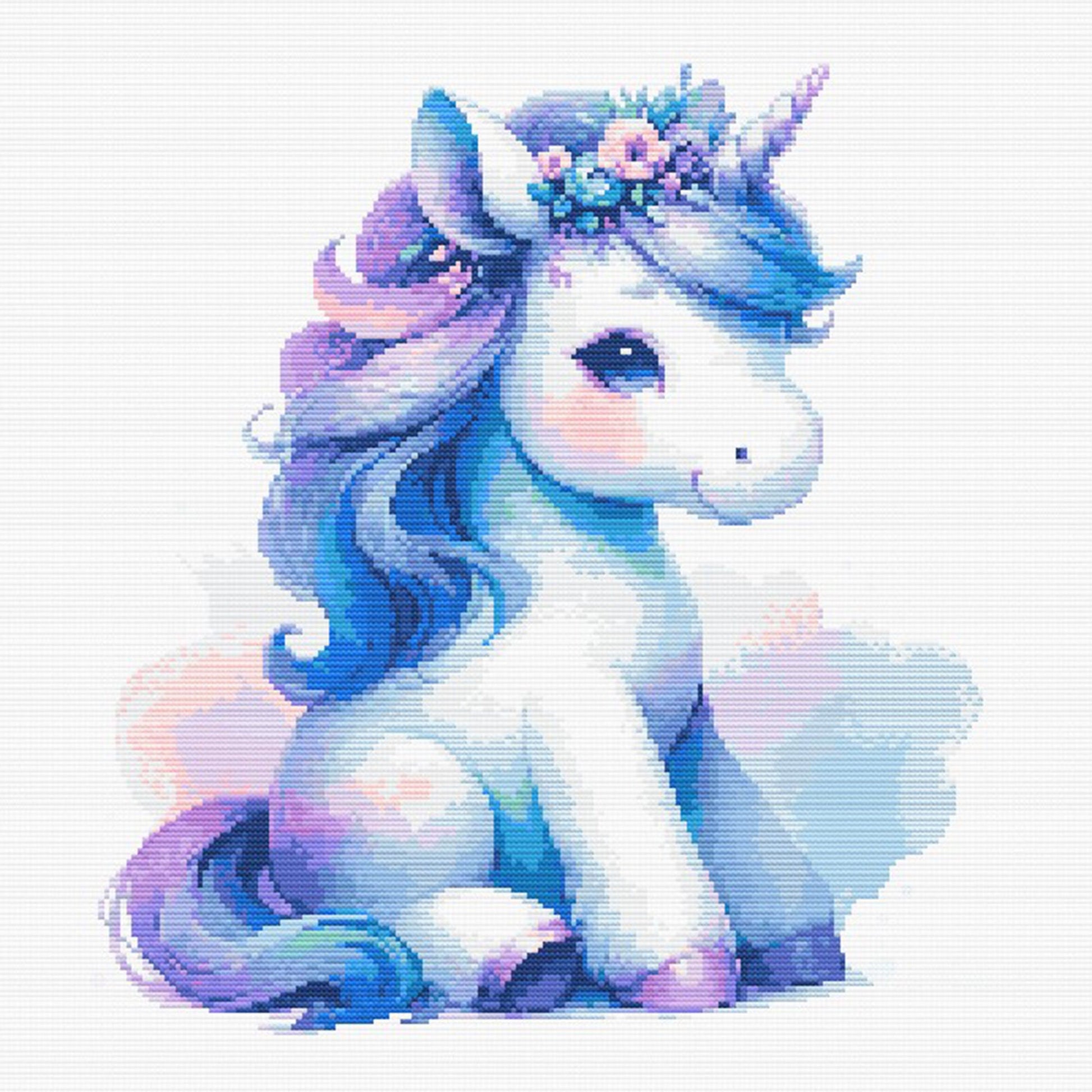 Baby Unicorn Cross Stitch Pattern featuring a pastel blue and purple unicorn with a soft magical design for kids room wall art.
