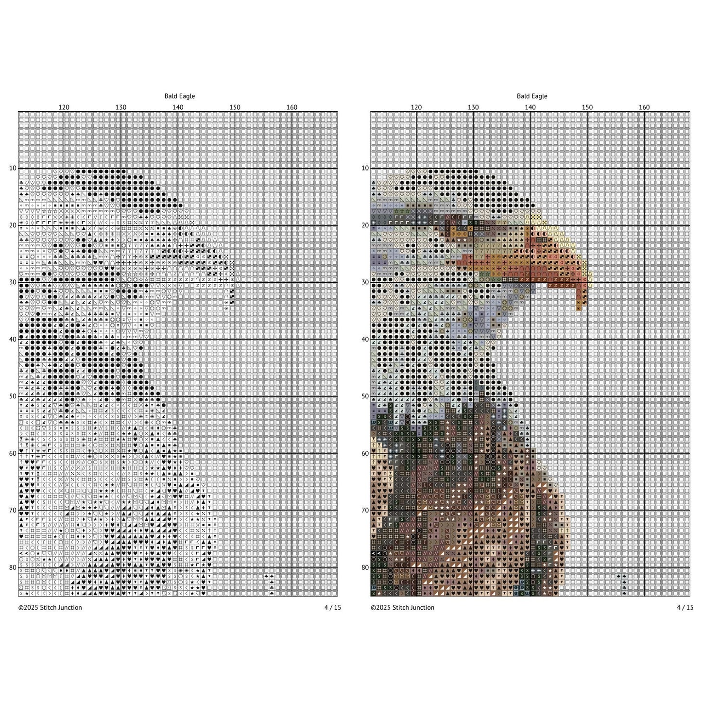 Cross-stitch pattern chart for a bald eagle on a grid background.