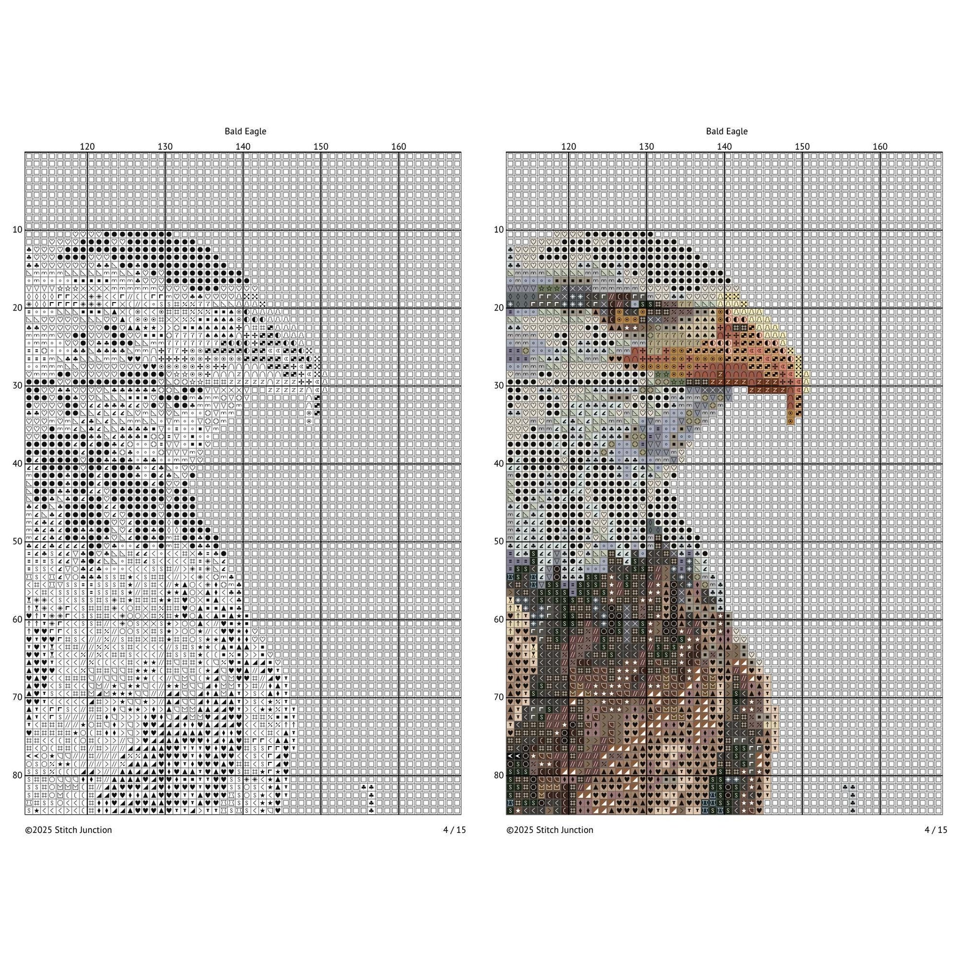 Cross-stitch pattern chart for a bald eagle on a grid background.
