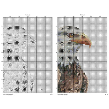 Cross-stitch pattern chart for a bald eagle on a grid background.